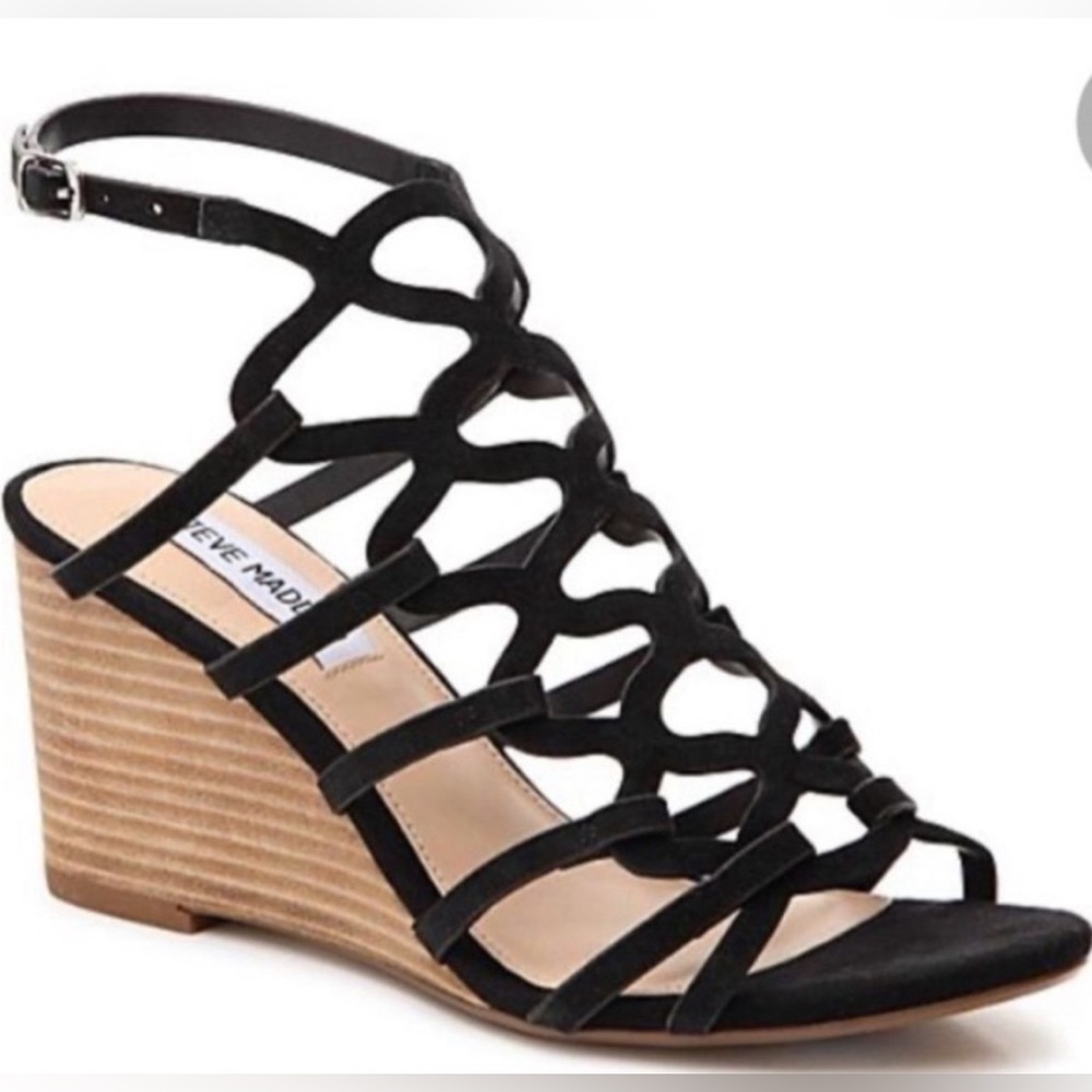 NWT Steve Madden Christina Wedges Size 9 Black Suede Strappy Ankle Strap Sandals